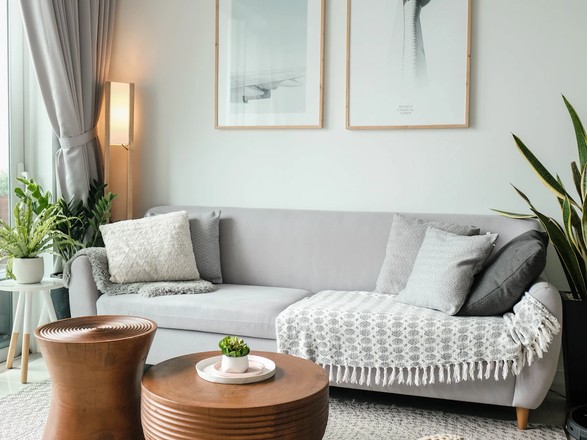 A tidy, sunlit living room with a grey sofa and plants